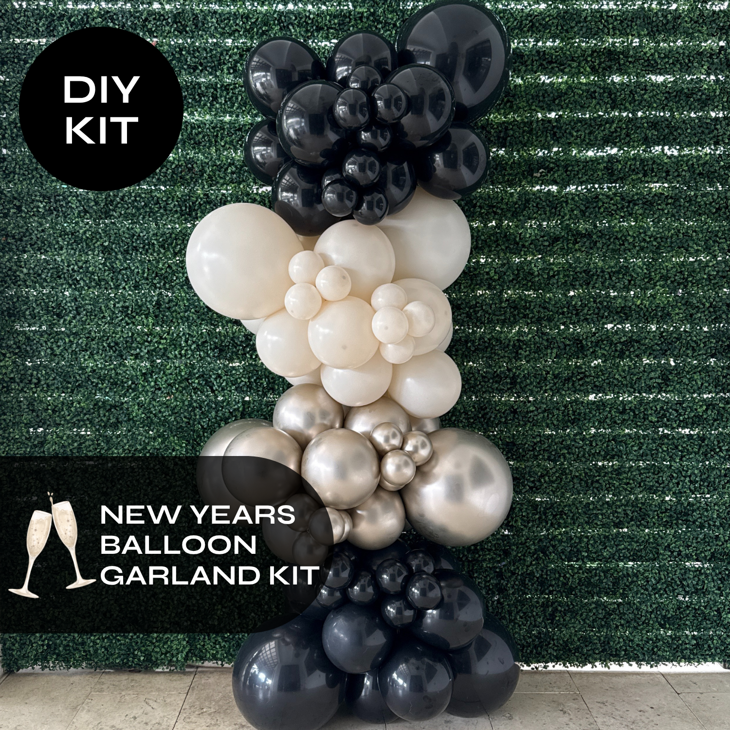 NEW YEARS BALLOON GARLAND KIT - CHAMPAGNE/BLACK/CREAM