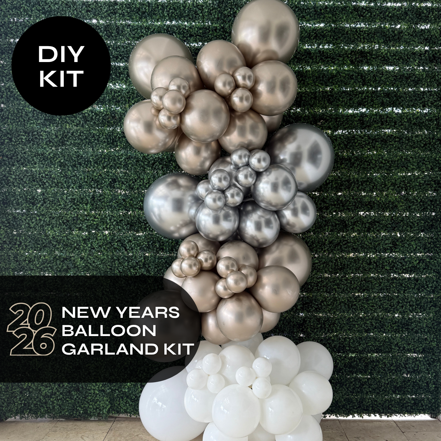 NEW YEARS BALLOON GARLAND KIT - CHAMPAGNE/SILVER/WHITE