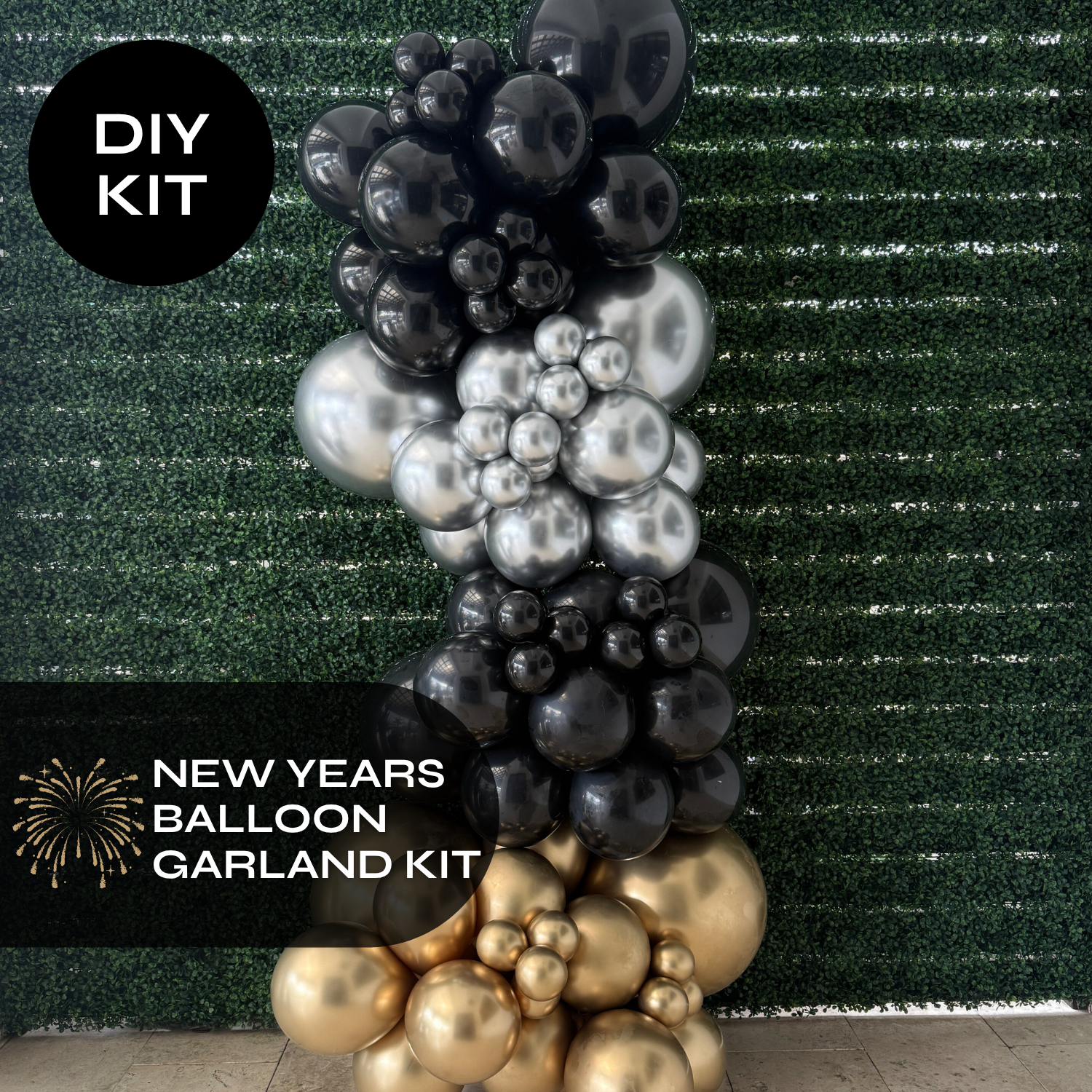NEW YEARS BALLOON GARLAND KIT - GOLD/SILVER/BLACK